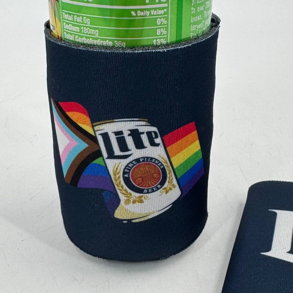 Miller Lite Can Cooler Sleeve LGBTQ Pride Flag Rainbow Design Navy Blue Set of 3